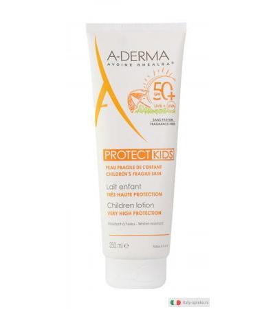 A-Derma Protect Latte solare viso e corpo protezione molto alta SPF50+ per pelle fragile del bambino 250ml